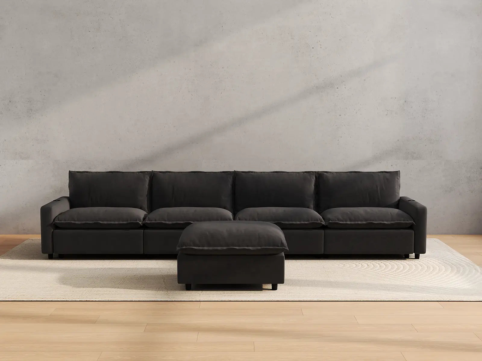 Modular Cero Reclining Sectionals | 5-Piece Grey Linen Home Living L-Shaped Sectionals 4-Seater with 1-Ottoman