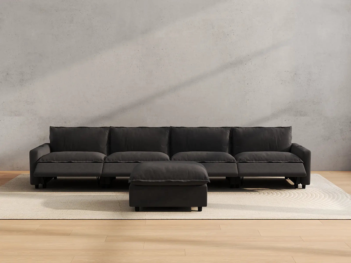 Modular Cero Reclining Sectionals | 5-Piece Grey Linen Home Living L-Shaped Sectionals 4-Seater with 1-Ottoman