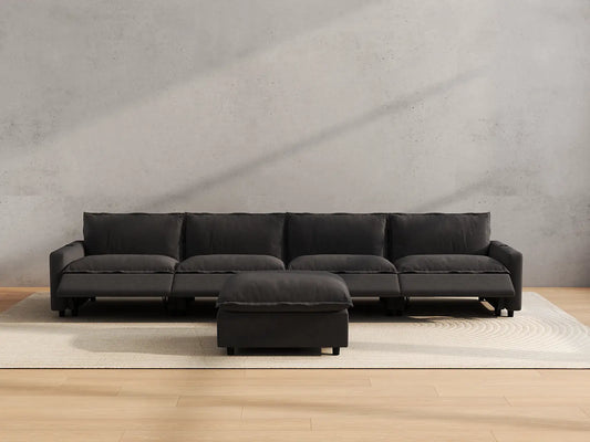 Modular Cero Reclining Sectionals | 5-Piece Grey Linen Home Living L-Shaped Sectionals 4-Seater with 1-Ottoman
