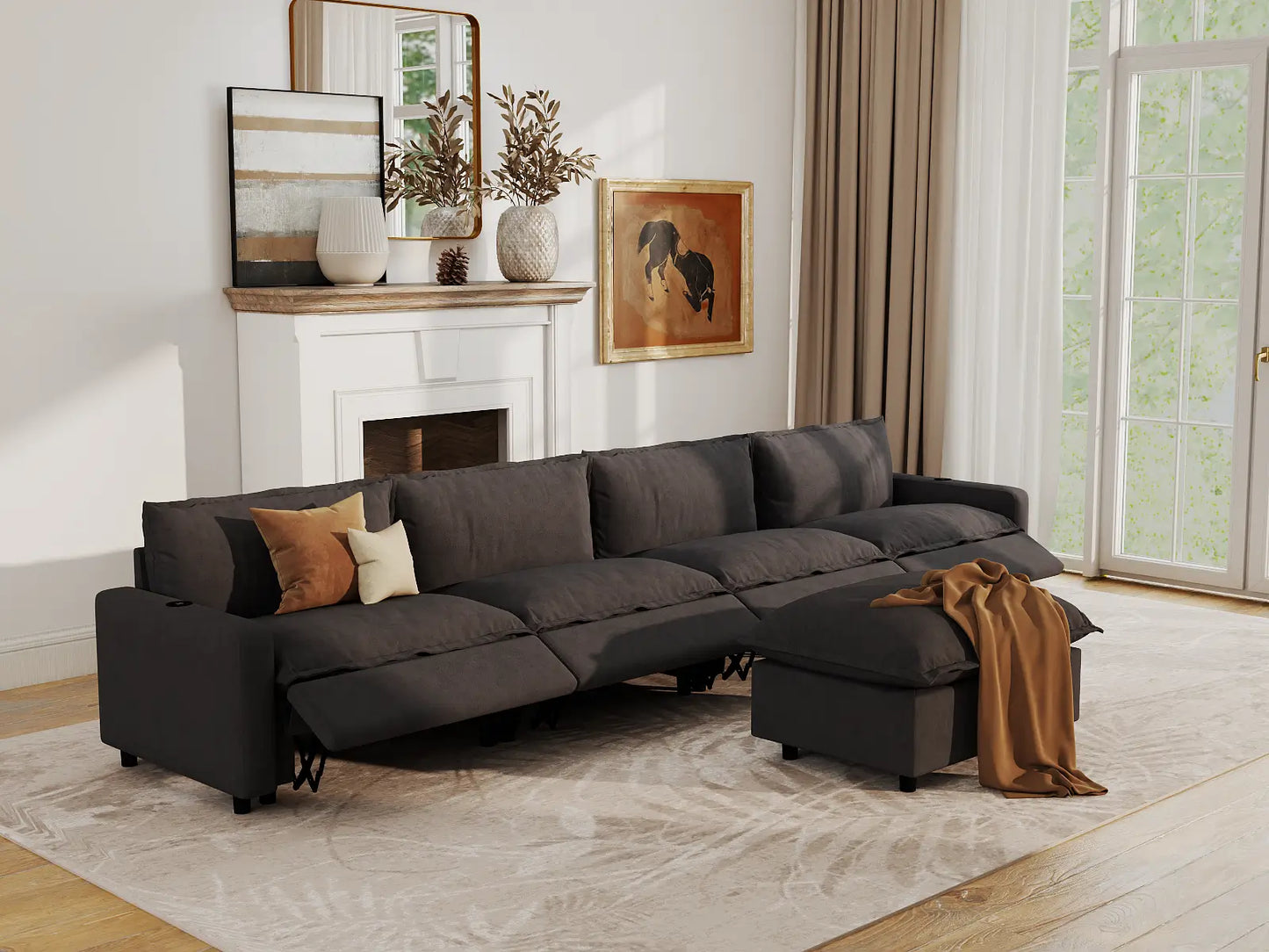 Modular Cero Reclining Sectionals | 5-Piece Grey Linen Home Living L-Shaped Sectionals 4-Seater with 1-Ottoman