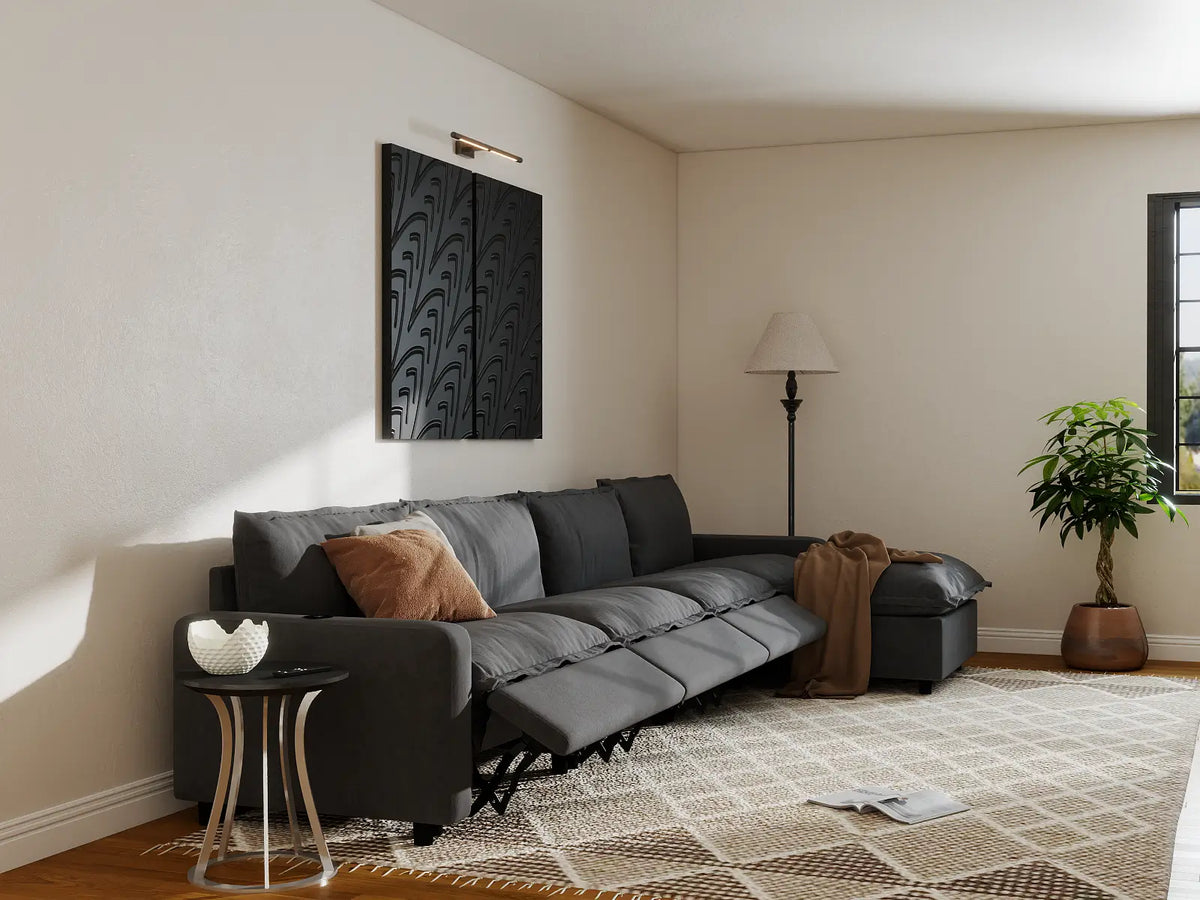 Modular Cero Reclining Sectionals | 5-Piece Grey Linen Home Living L-Shaped Sectionals 4-Seater with 1-Ottoman