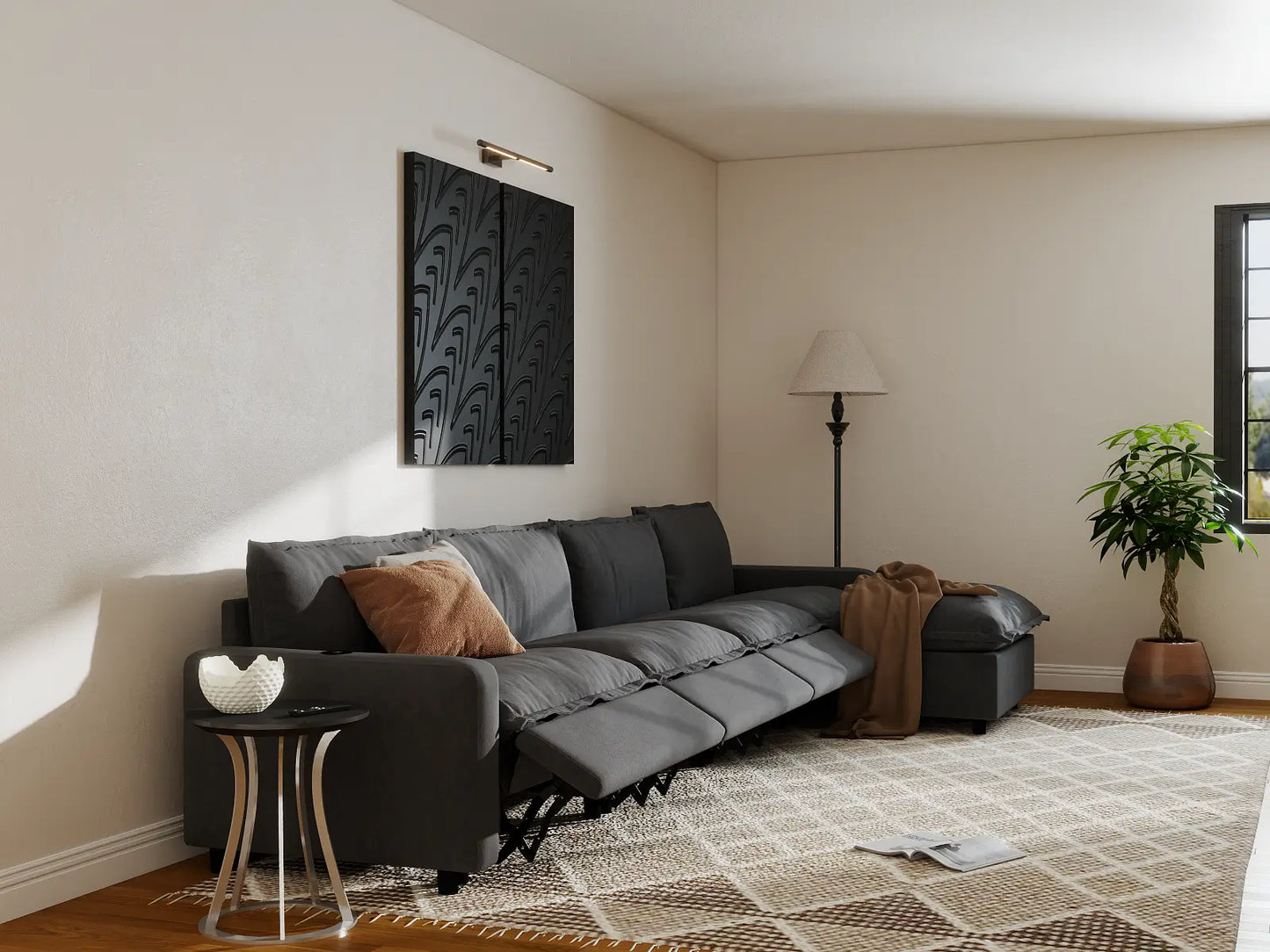 Modular Cero Reclining Sectionals | 5-Piece Grey Linen Home Living L-Shaped Sectionals 4-Seater with 1-Ottoman