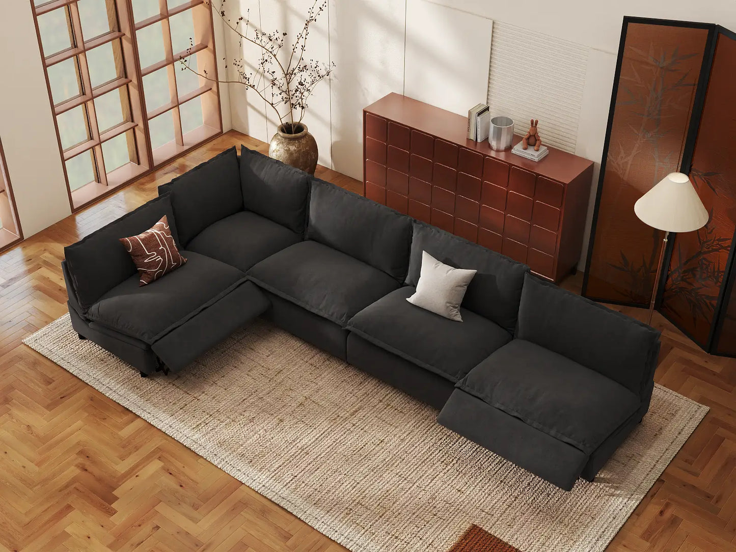Modular Cero Reclining Sectionals | 5-Piece Grey Linen Home Living L-Shaped Sectionals 5-Seater