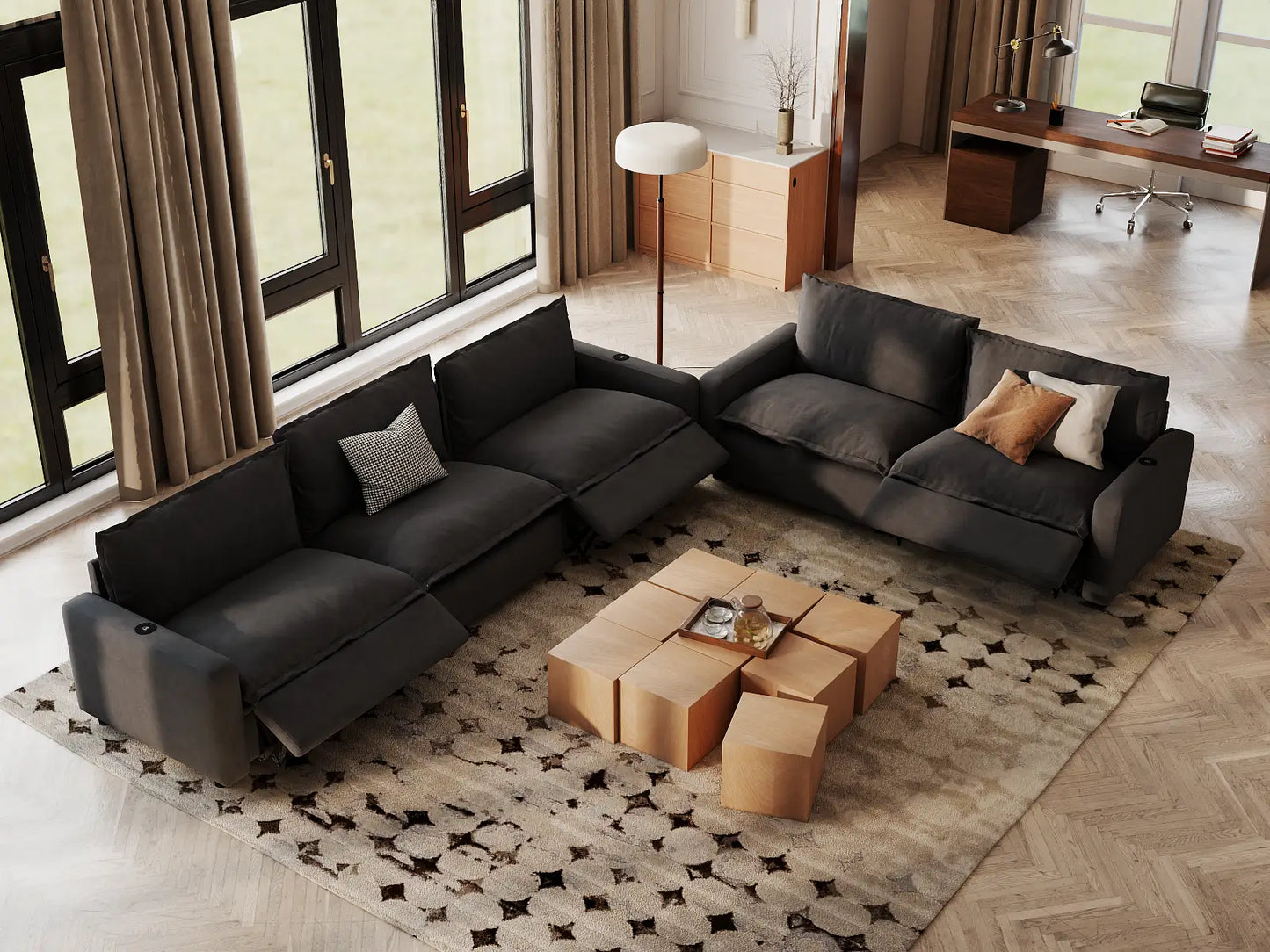 Modular Cero Sectional with Recliner | 5-Piece Grey Linen Large Space Corner Sectionals 5-Seater