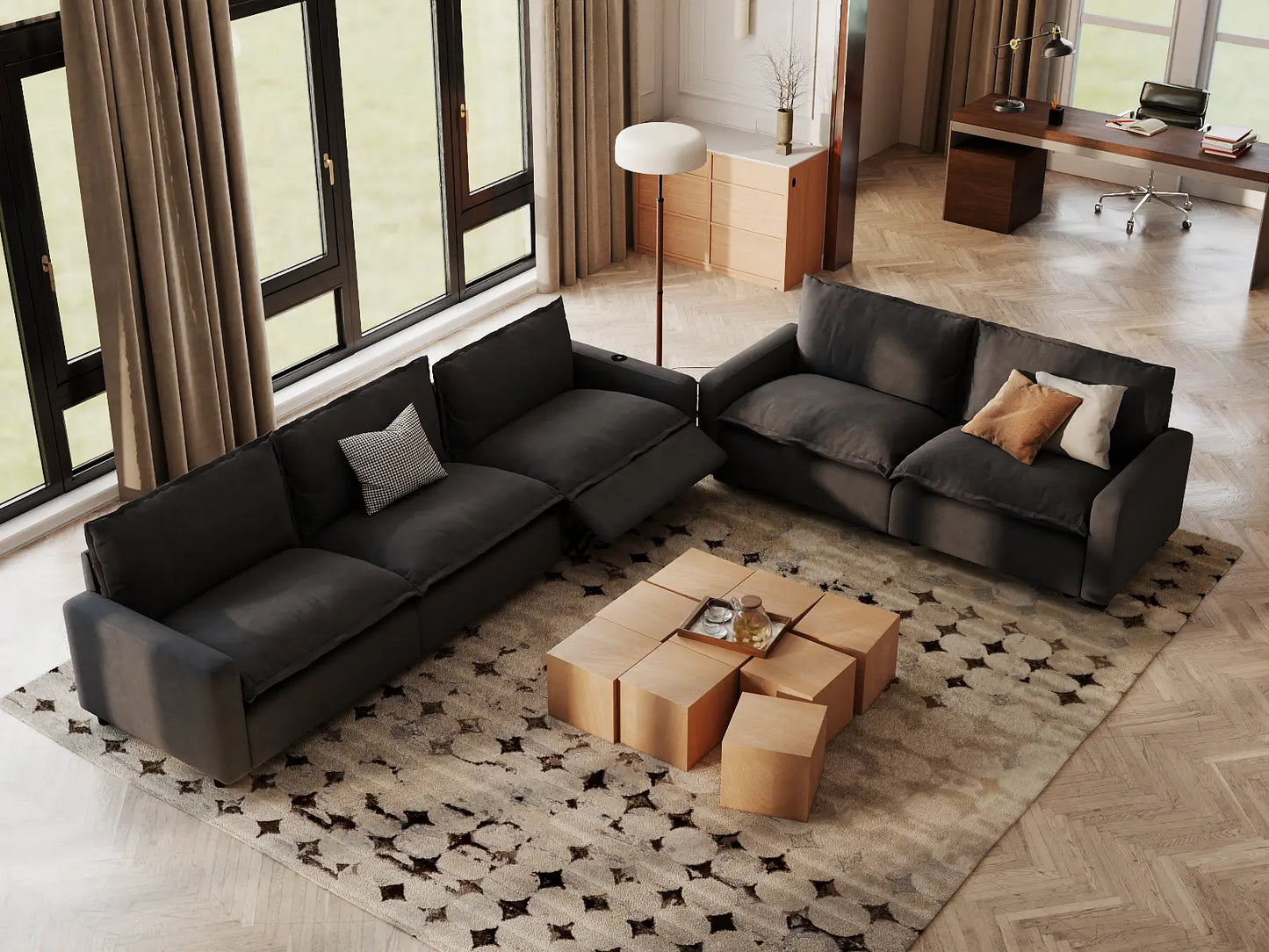 Modular Cero Reclining Sectionals | 5-Piece Grey Linen Large Space Corner Sectionals 5-Seater