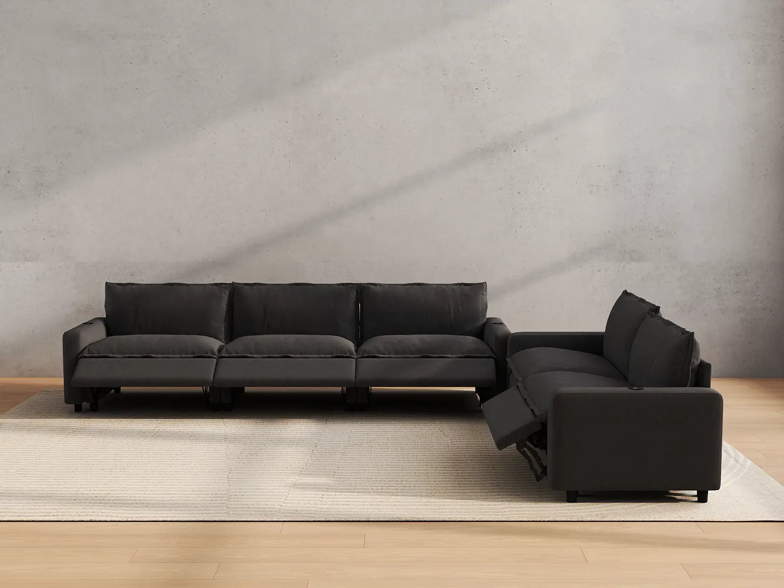 Modular Cero Power Reclining Sectional | 5-Piece Grey Linen Large Space Corner Sectionals 5-Seater