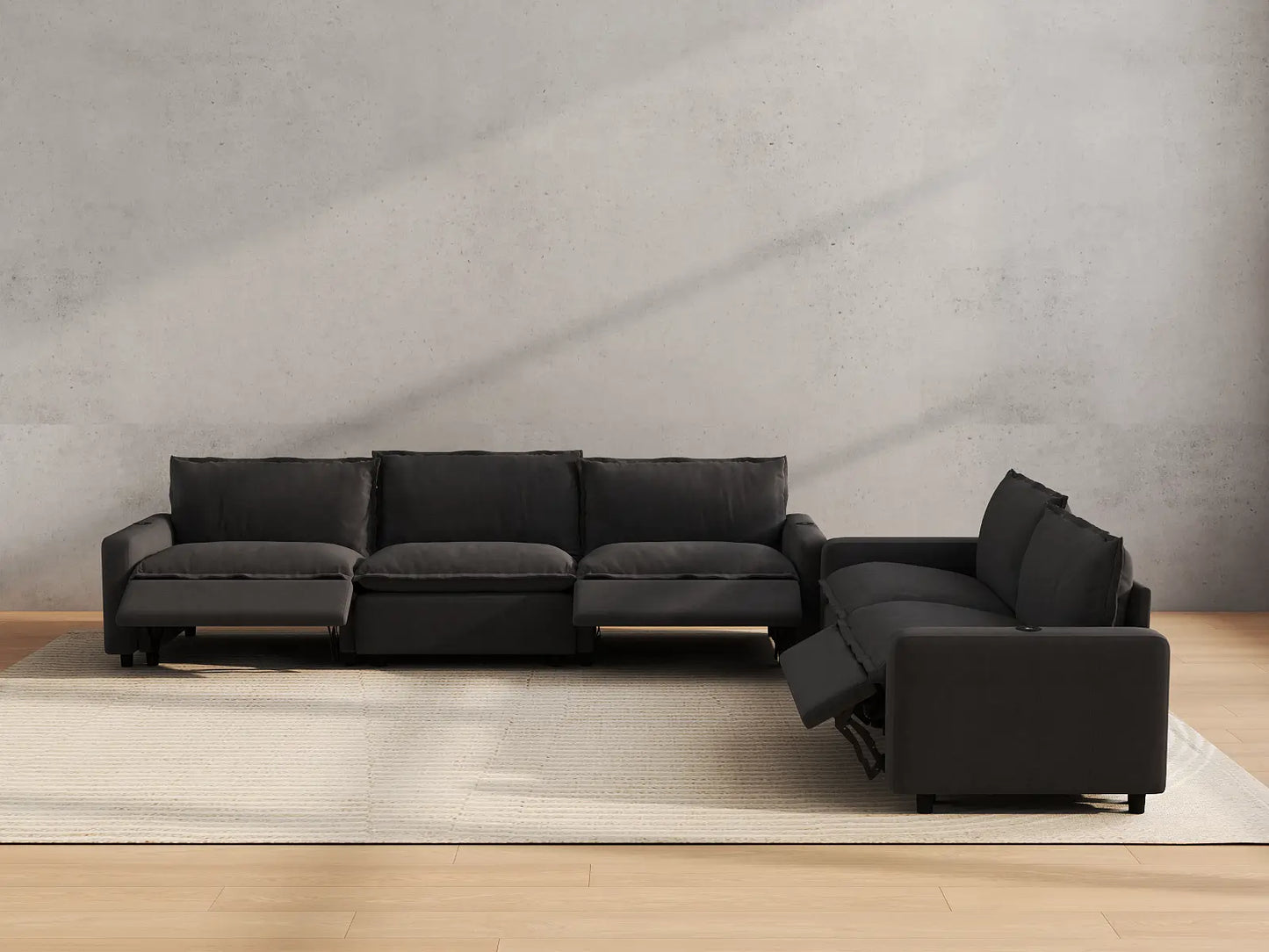 Modular Cero Sectional with Recliner | 5-Piece Grey Linen Large Space Corner Sectionals 5-Seater