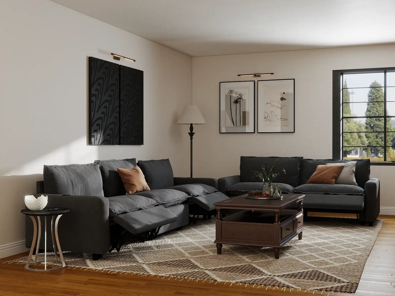 Modular Cero Sectional with Recliner | 5-Piece Grey Linen Large Space Corner Sectionals 5-Seater