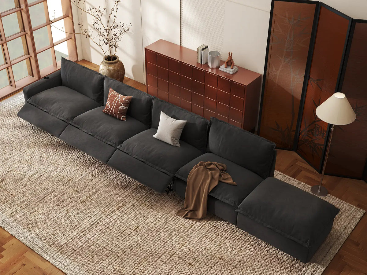 Modular Cero Reclining Sectionals | 5-Piece Grey Linen Large Space Couch Sectionals 4-Seater with 1-Ottoman