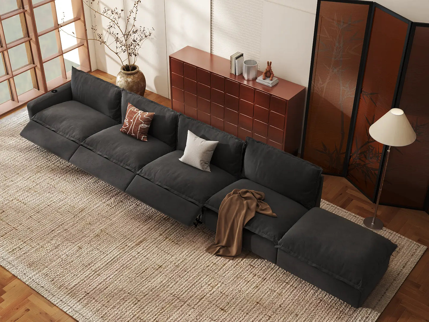 Modular Cero Reclining Sectionals | 5-Piece Grey Linen Large Space Couch Sectionals 4-Seater with 1-Ottoman