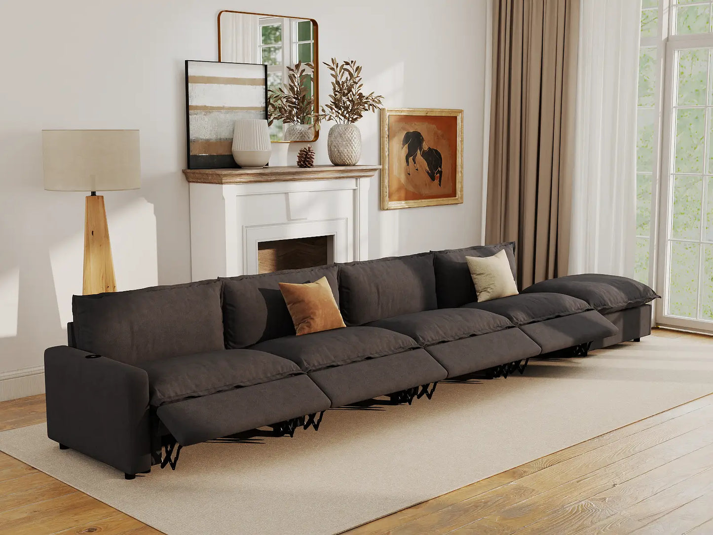 Modular Cero Sectional Couch with Chaise and Recliner | 5-Piece Grey Linen Large Space Couch Sectionals 4-Seater with 1-Ottoman