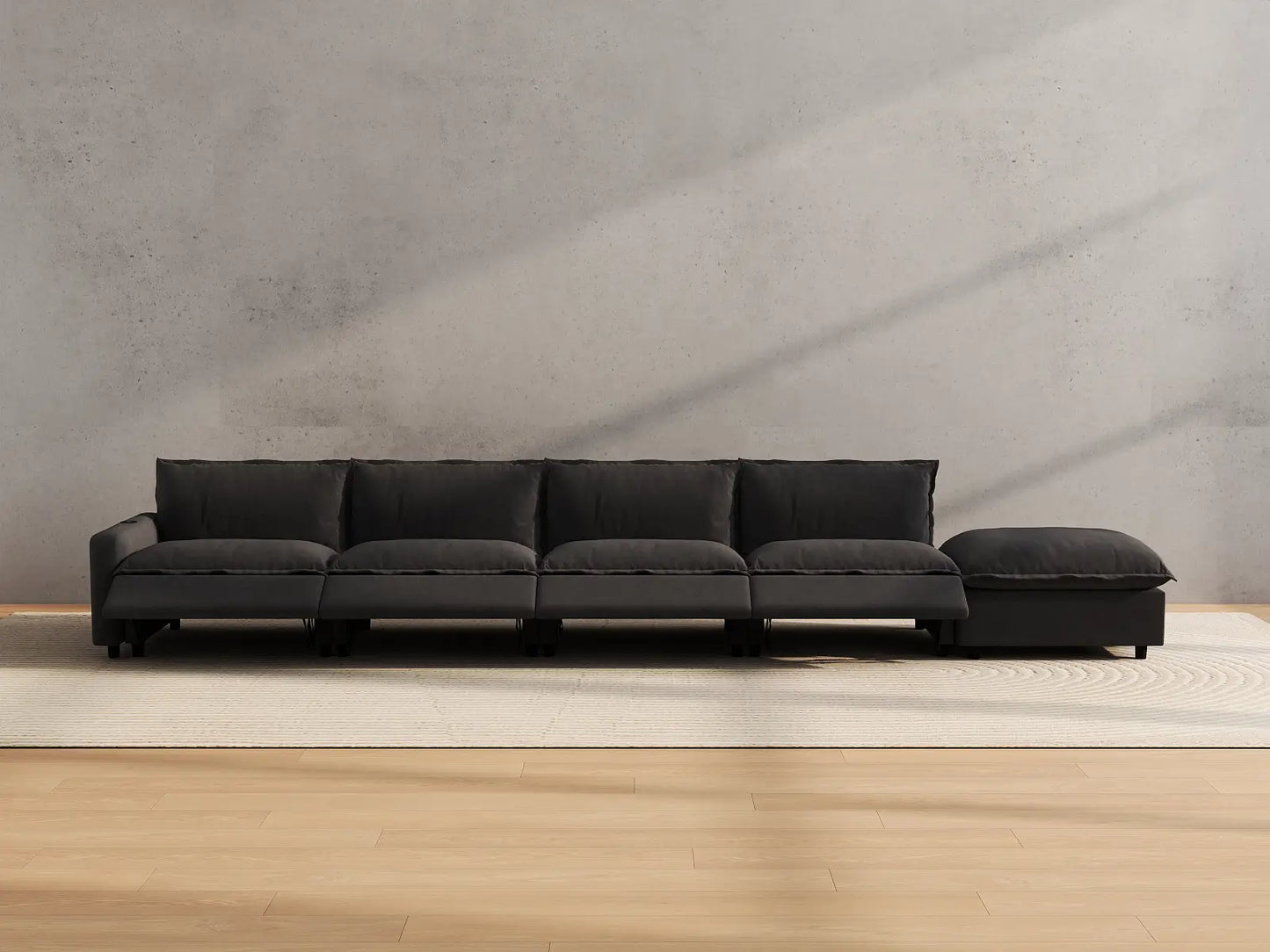 Modular Cero Sectional Couch with Chaise and Recliner | 5-Piece Grey Linen Large Space Couch Sectionals 4-Seater with 1-Ottoman