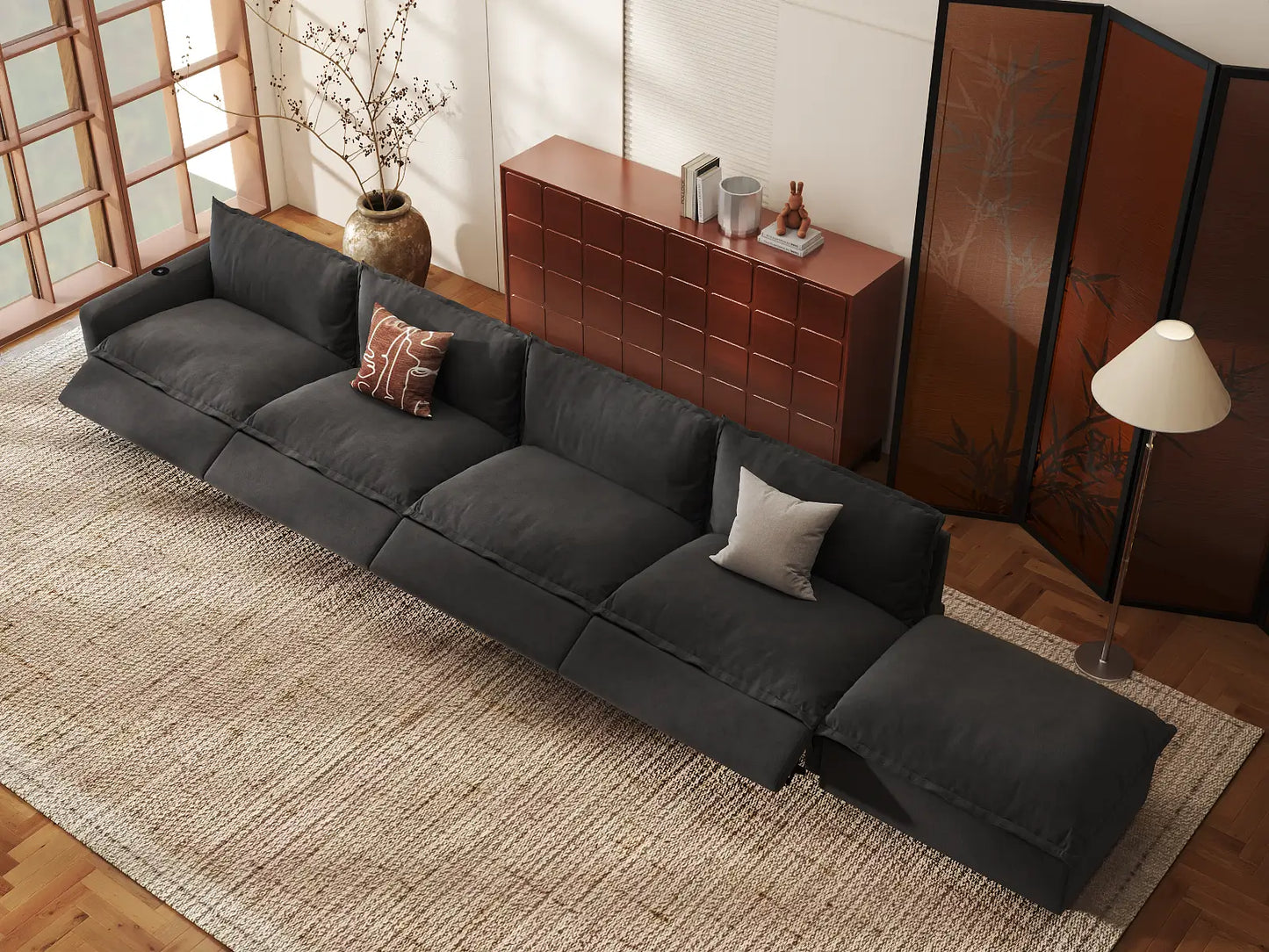 Modular Cero Sectional Couch with Chaise and Recliner | 5-Piece Grey Linen Large Space Couch Sectionals 4-Seater with 1-Ottoman