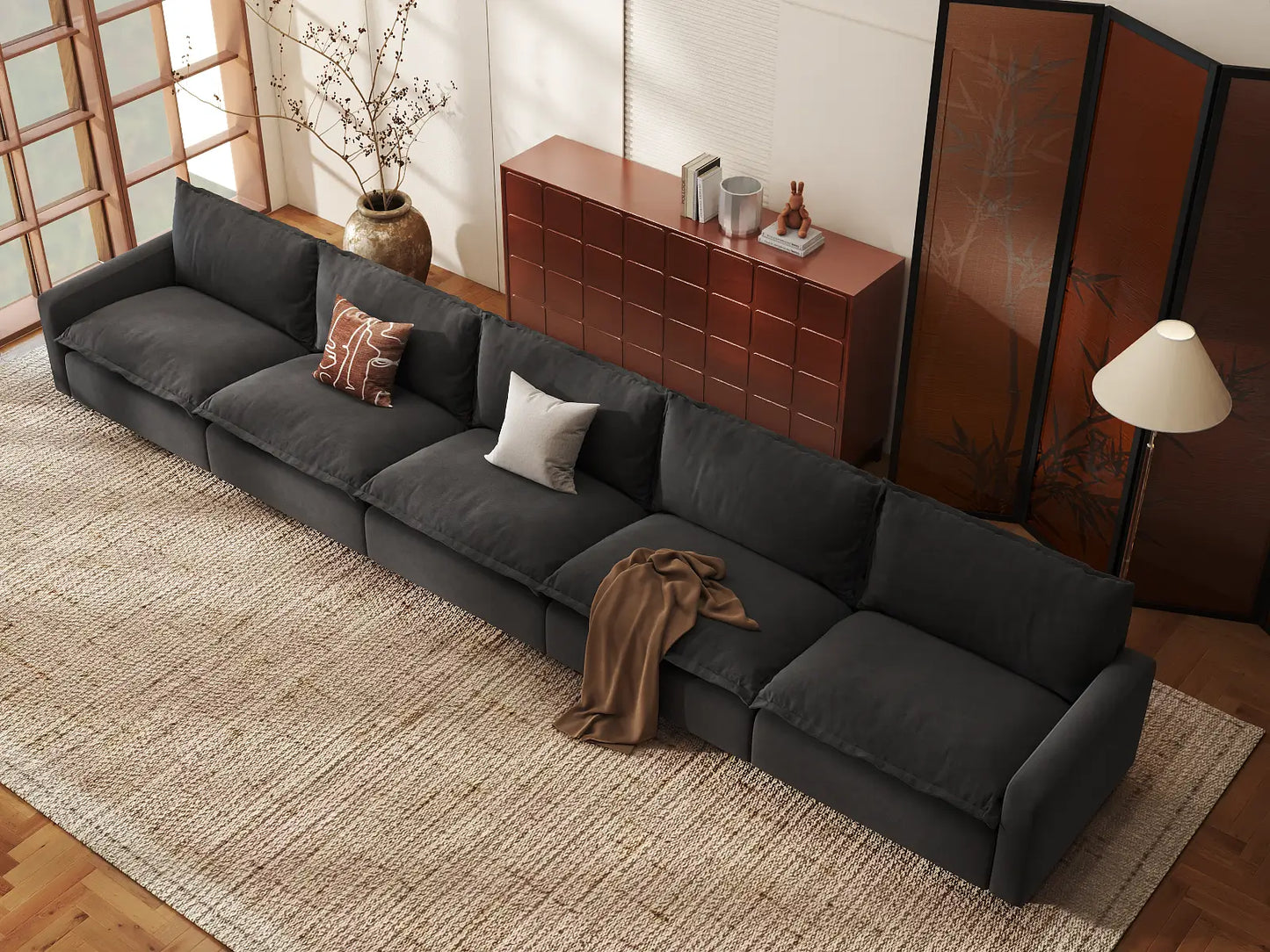 Modular Cero Modular Sectionals | 5-Piece Grey Linen Large Space Couch Sectionals 5-Seater