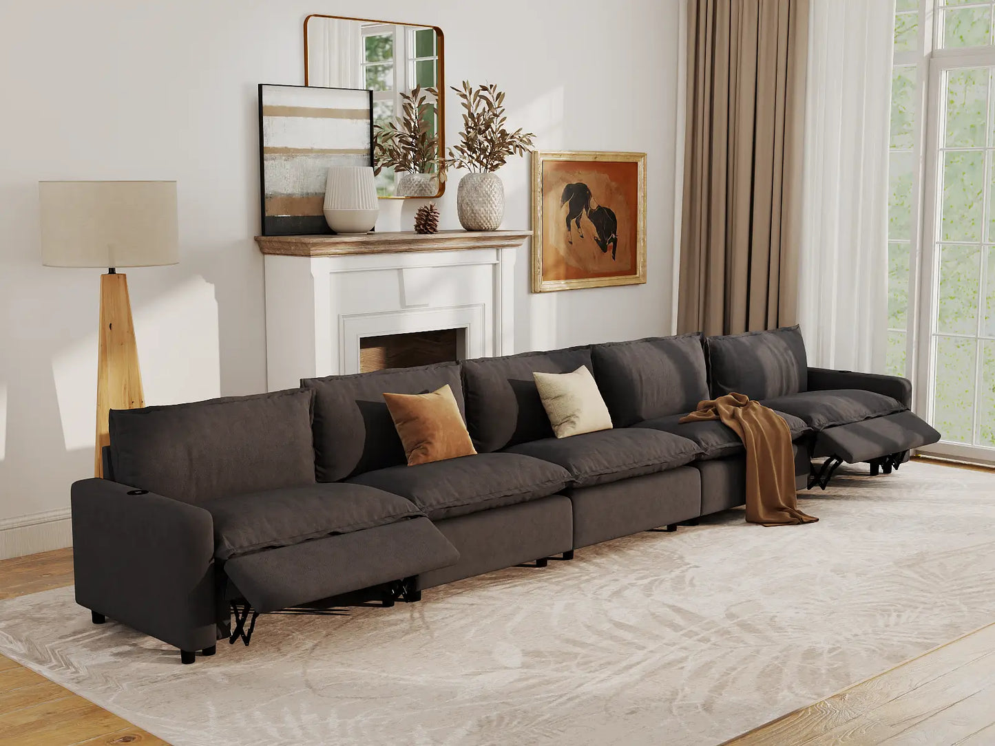 Modular Cero Reclining Sectionals | 5-Piece Grey Linen Large Space Couch Sectionals 5-Seater