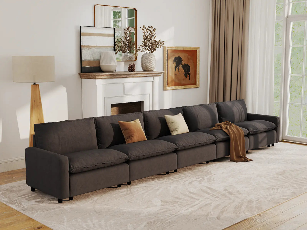 Modular Cero Modular Sectionals | 5-Piece Grey Linen Large Space Couch Sectionals 5-Seater