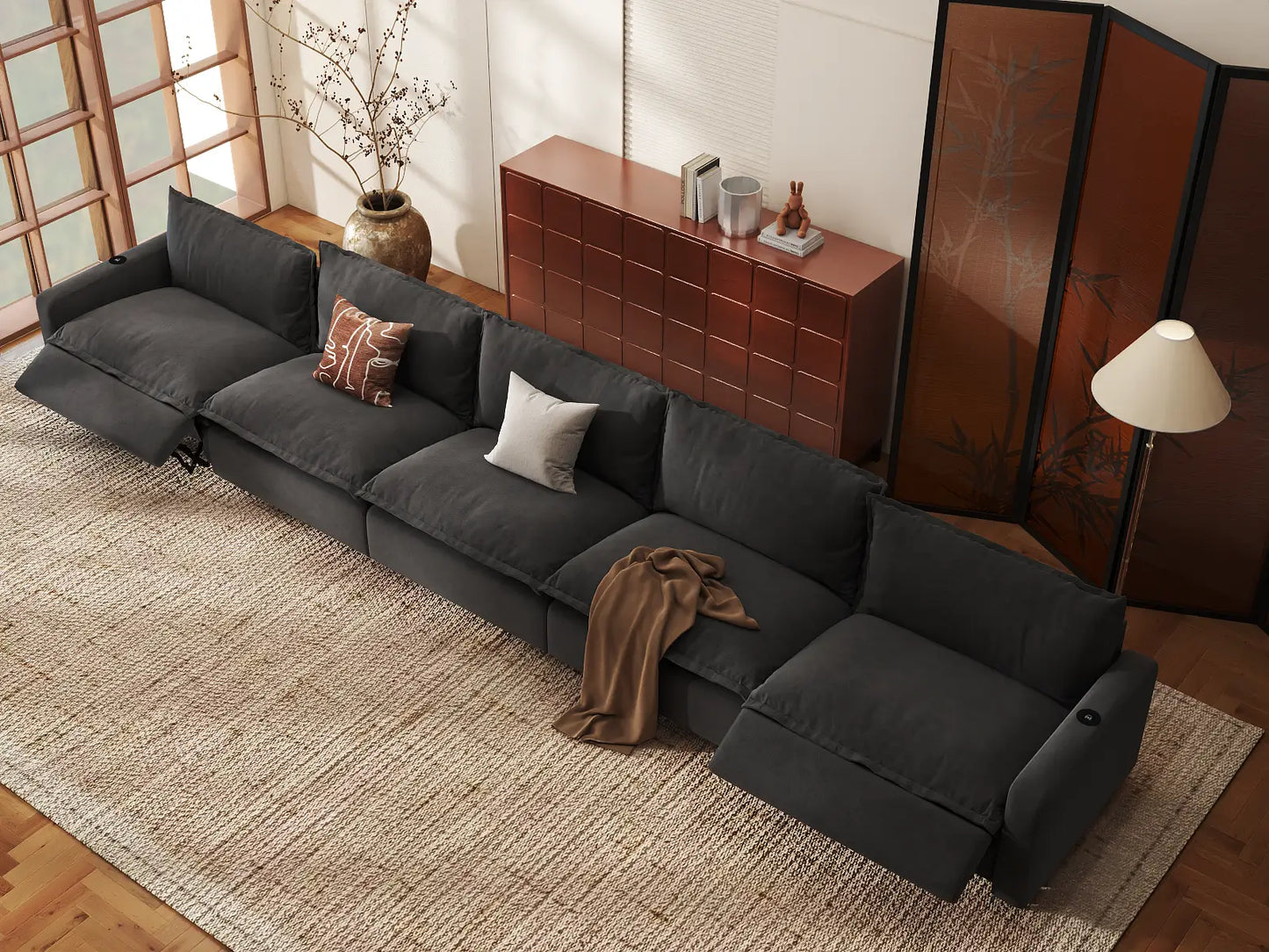 Modular Cero Reclining Sectionals | 5-Piece Grey Linen Large Space Couch Sectionals 5-Seater