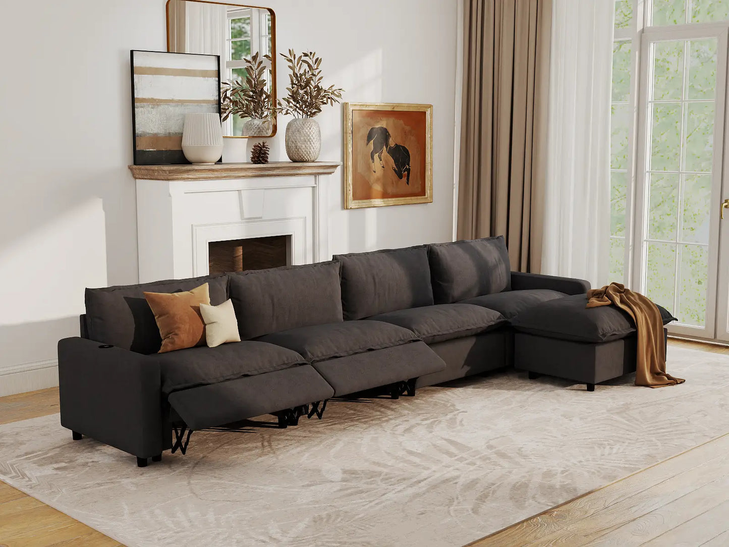 Modular Cero Reclining Sectionals | 5-Piece Grey Linen Large Space L-Shaped Sectionals 4-Seater with 1-Ottoman