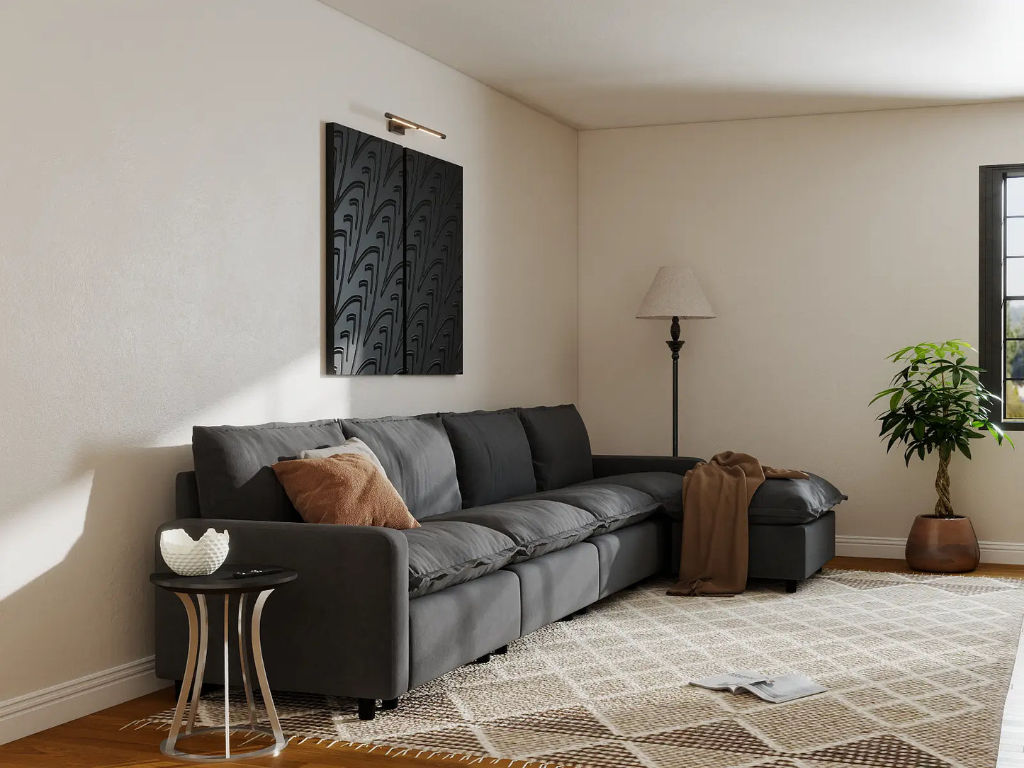 Modular Cero Modular Sectionals | 5-Piece Grey Linen Large Space L-Shaped Sectionals 4-Seater with 1-Ottoman