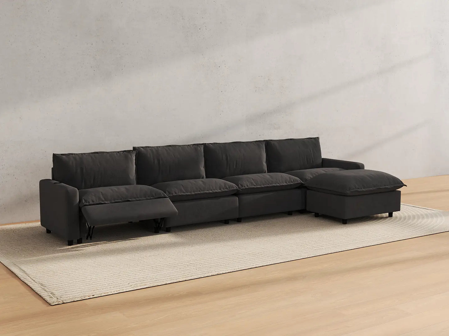 Modular Cero Reclining Sectionals | 5-Piece Grey Linen Large Space L-Shaped Sectionals 4-Seater with 1-Ottoman