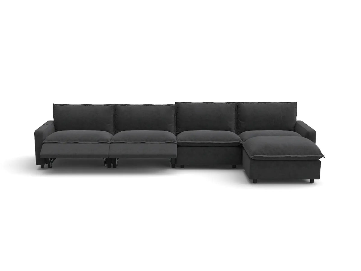 Modular Cero Reclining Sectionals | 5-Piece Grey Linen Large Space L-Shaped Sectionals 4-Seater with 1-Ottoman