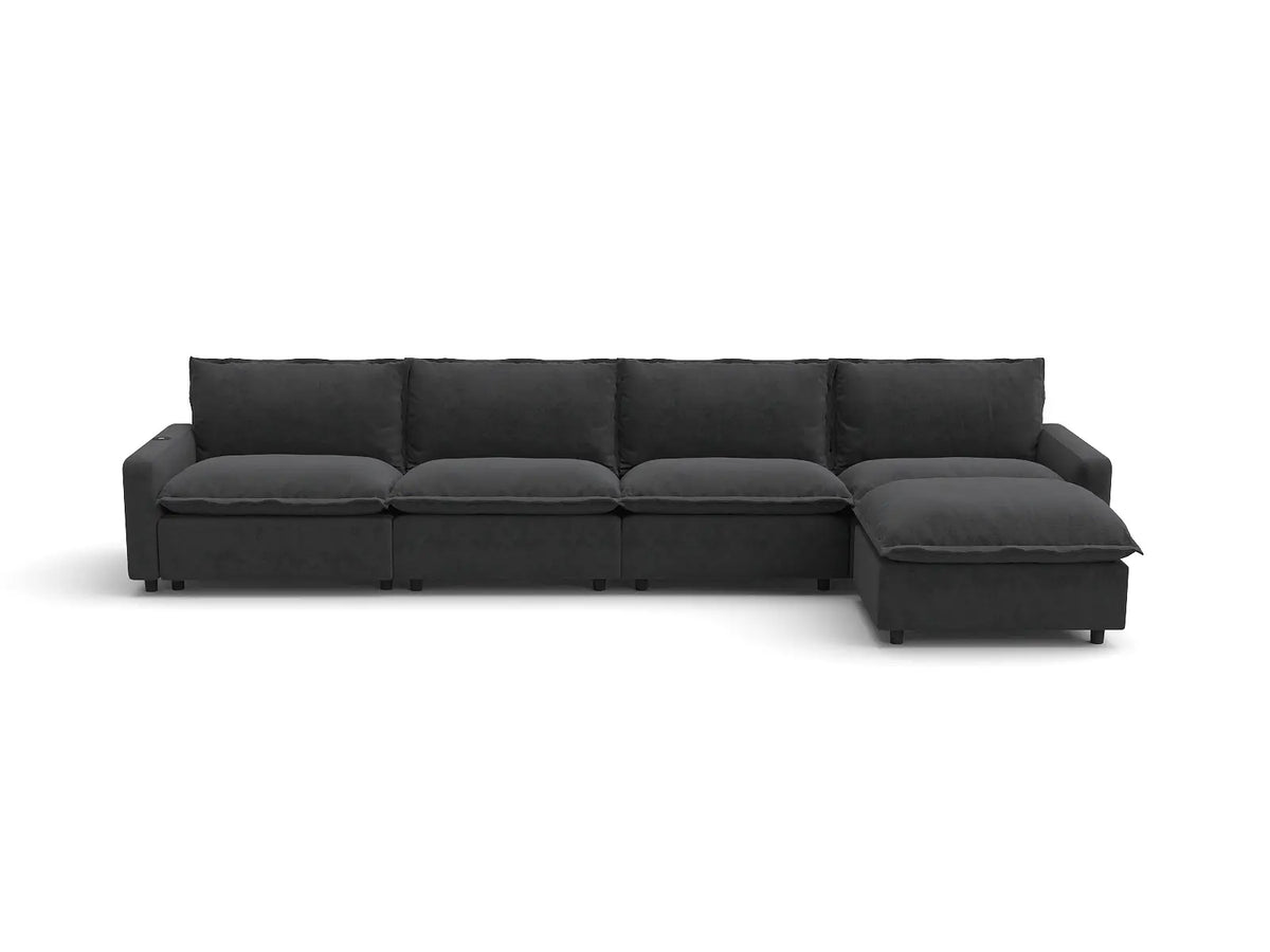 Modular Cero Reclining Sectionals | 5-Piece Grey Linen Large Space L-Shaped Sectionals 4-Seater with 1-Ottoman