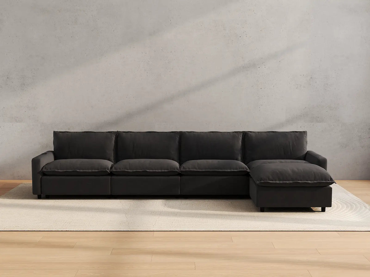 Modular Cero Reclining Sectionals | 5-Piece Grey Linen Large Space L-Shaped Sectionals 4-Seater with 1-Ottoman