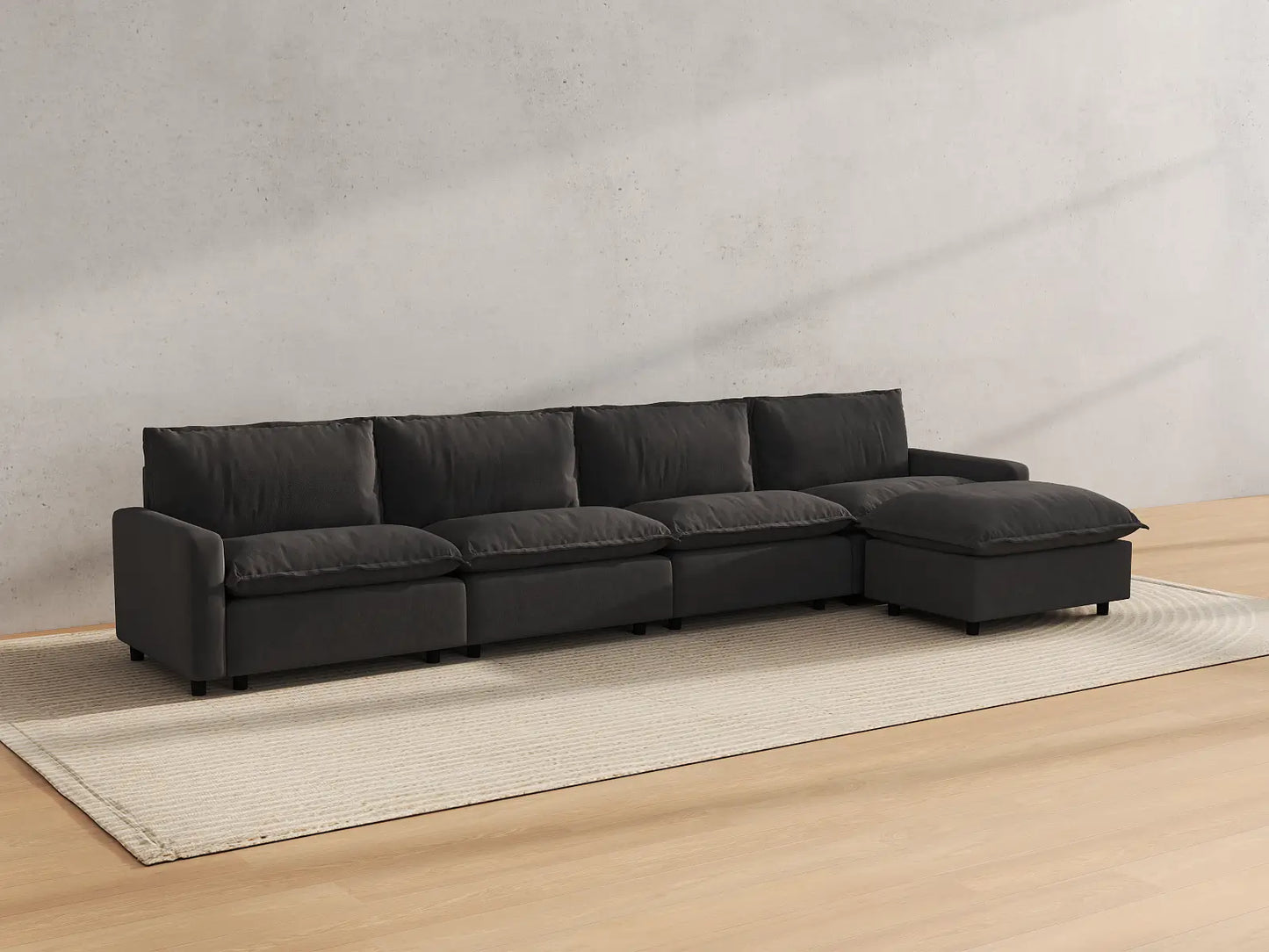 Modular Cero Modular Sectionals | 5-Piece Grey Linen Large Space L-Shaped Sectionals 4-Seater with 1-Ottoman
