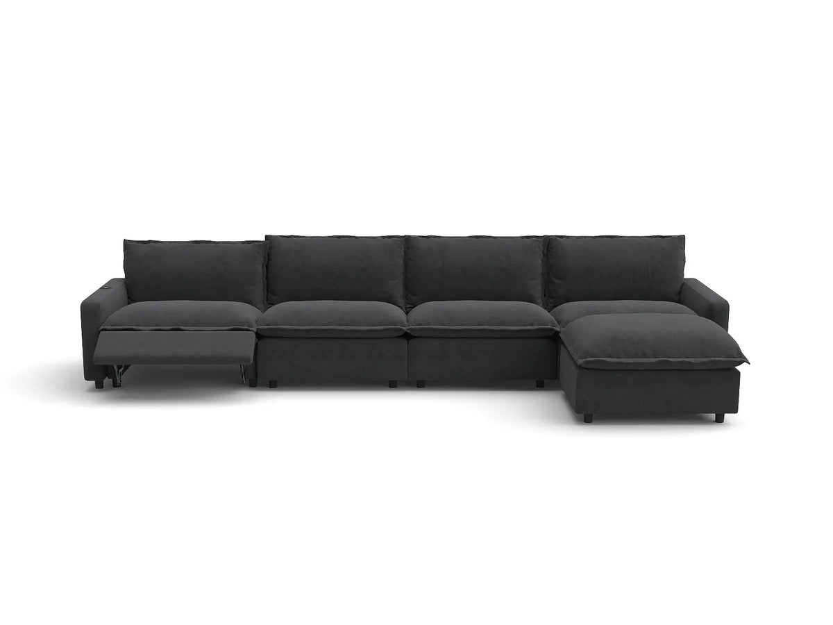 Modular Cero Reclining Sectionals | 5-Piece Grey Linen Large Space L-Shaped Sectionals 4-Seater with 1-Ottoman