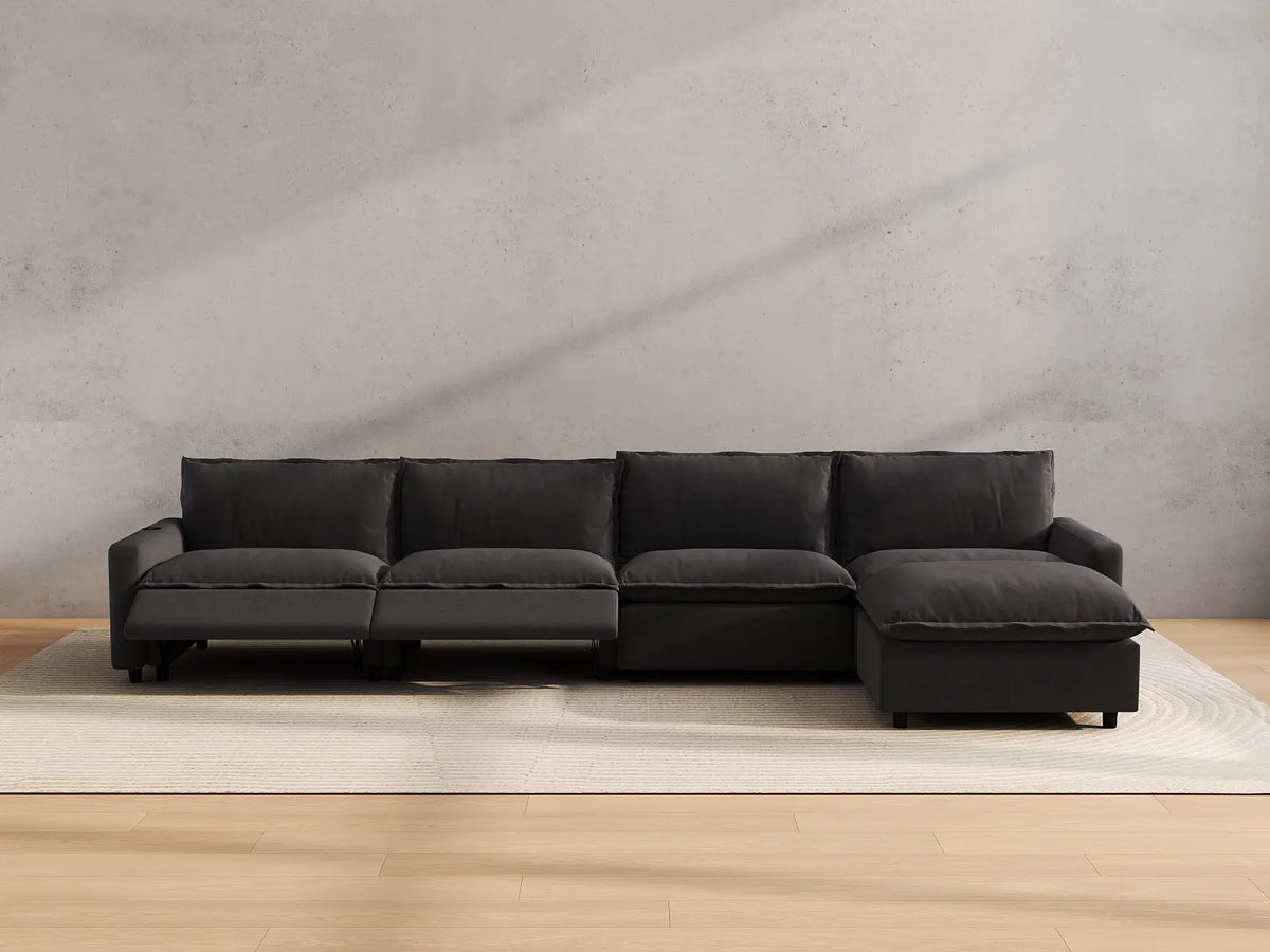 Modular Cero Reclining Sectionals | 5-Piece Grey Linen Large Space L-Shaped Sectionals 4-Seater with 1-Ottoman