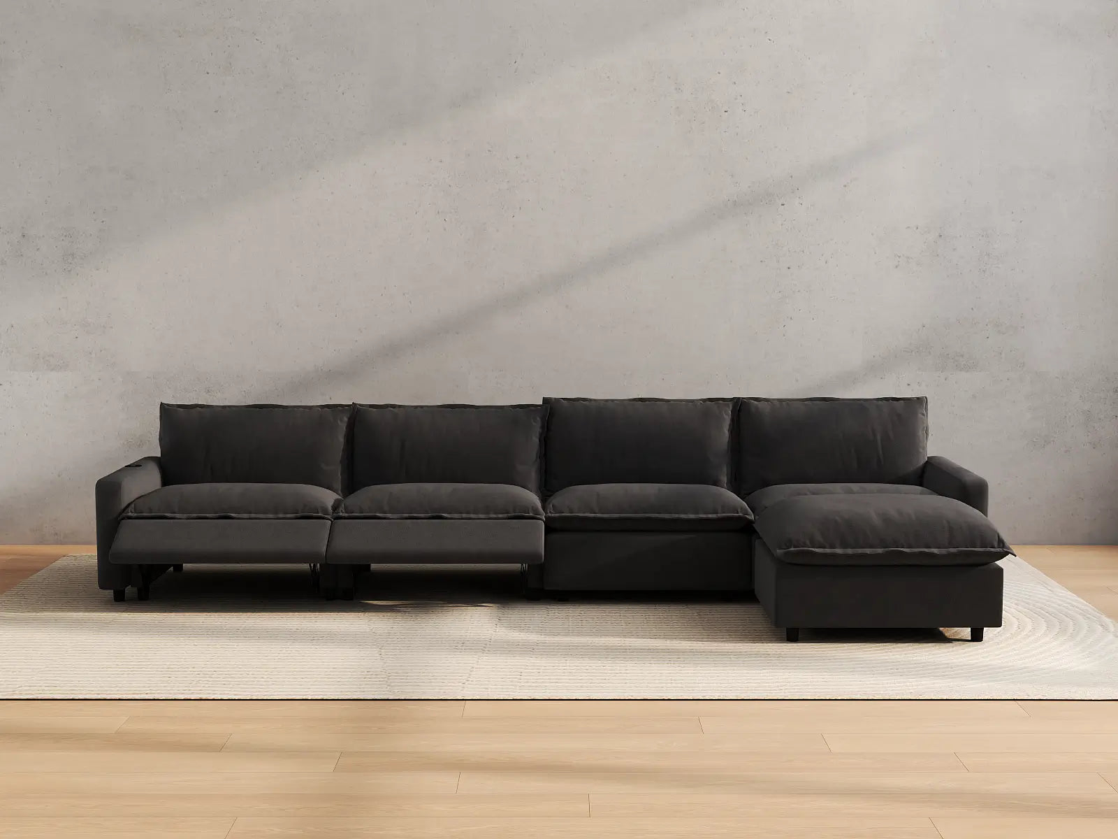 Modular Cero Sectional with Chaise and Recliner | 5-Piece Grey Linen Large Space L-Shaped Sectionals 4-Seater with 1-Ottoman