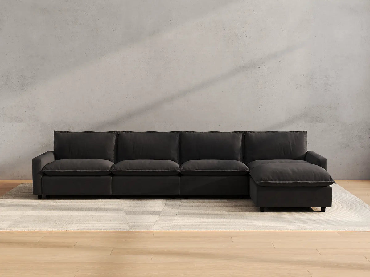 Modular Cero Reclining Sectionals | 5-Piece Grey Linen Large Space L-Shaped Sectionals 4-Seater with 1-Ottoman