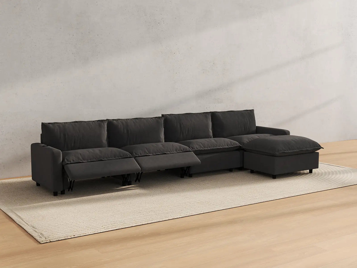 Modular Cero Reclining Sectionals | 5-Piece Grey Linen Large Space L-Shaped Sectionals 4-Seater with 1-Ottoman