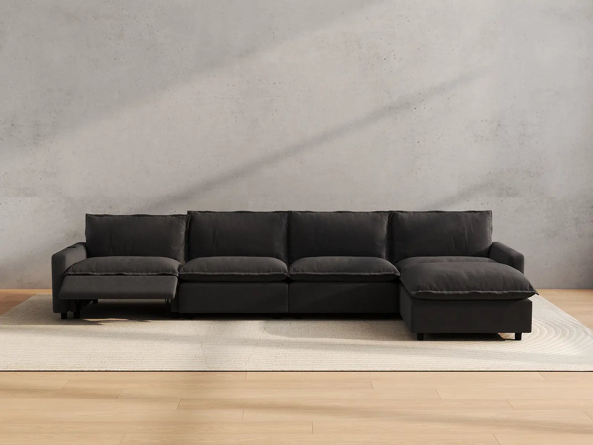 Modular Cero Reclining Sectionals | 5-Piece Grey Linen Large Space L-Shaped Sectionals 4-Seater with 1-Ottoman