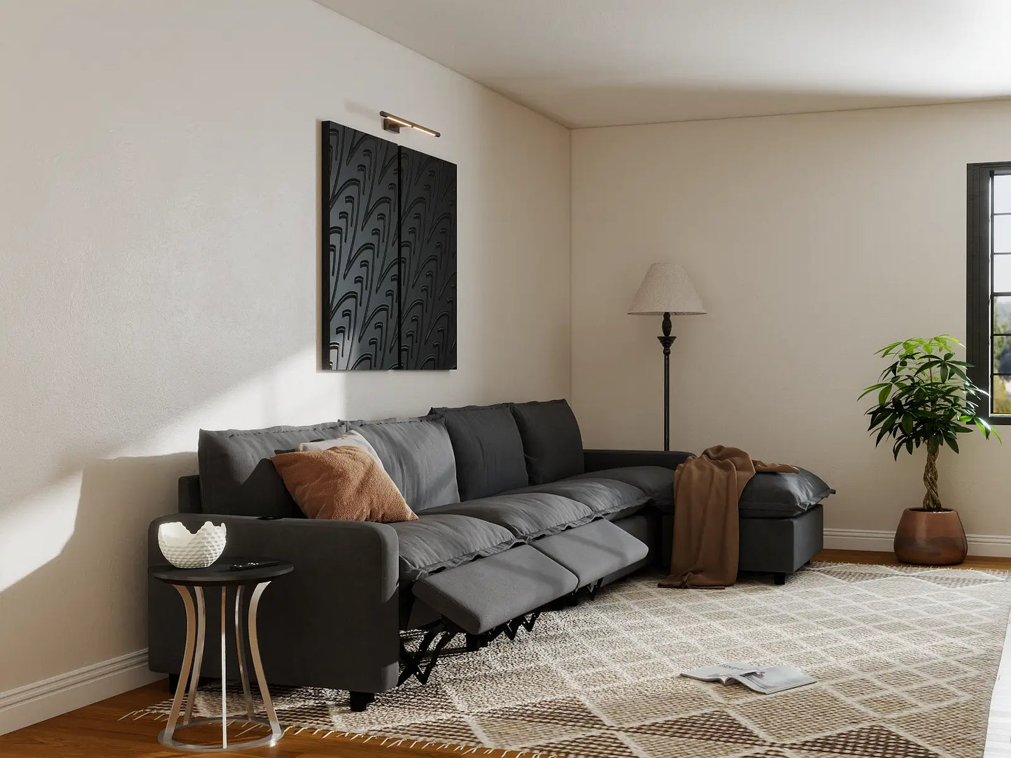 Modular Cero Reclining Sectionals | 5-Piece Grey Linen Large Space L-Shaped Sectionals 4-Seater with 1-Ottoman