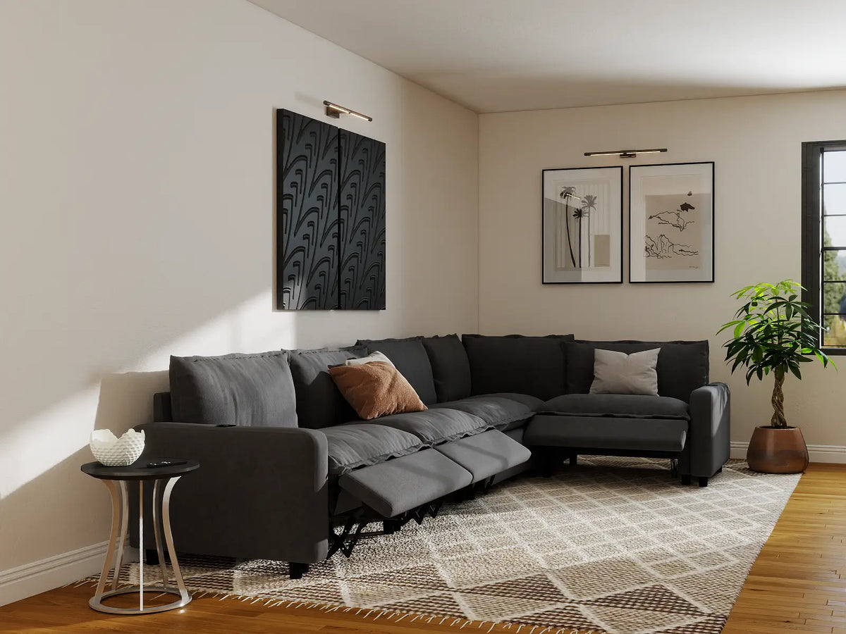 Modular Cero Reclining Sectionals | 5-Piece Grey Linen Large Space L-Shaped Sectionals 5-Seater