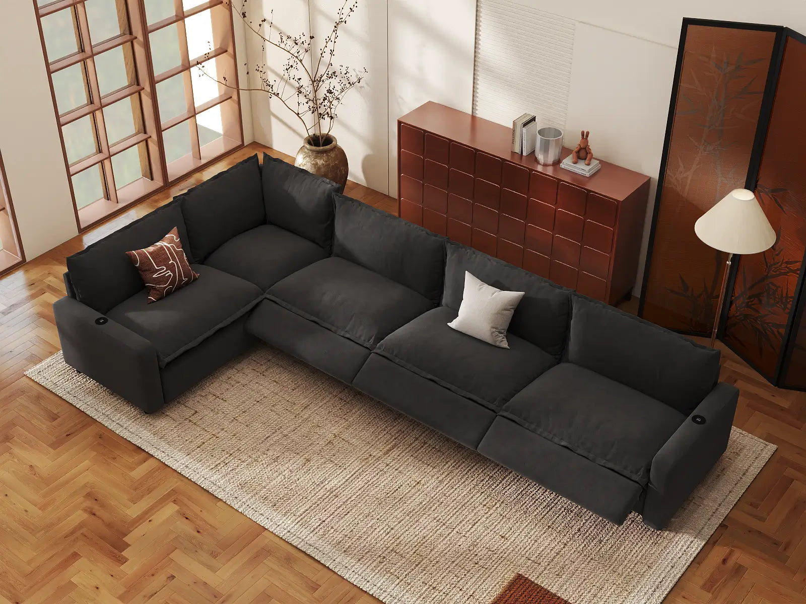 Modular Cero Reclining Sectionals | 5-Piece Grey Linen Large Space L-Shaped Sectionals 5-Seater
