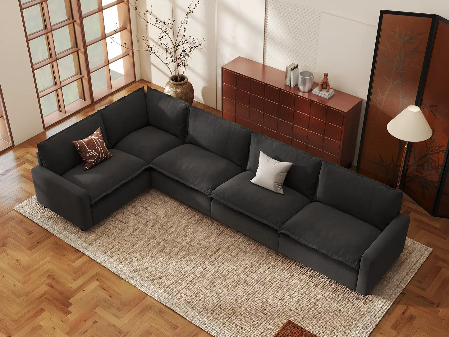 Modular Cero Modular Sectionals | 5-Piece Grey Linen Large Space L-Shaped Sectionals 5-Seater