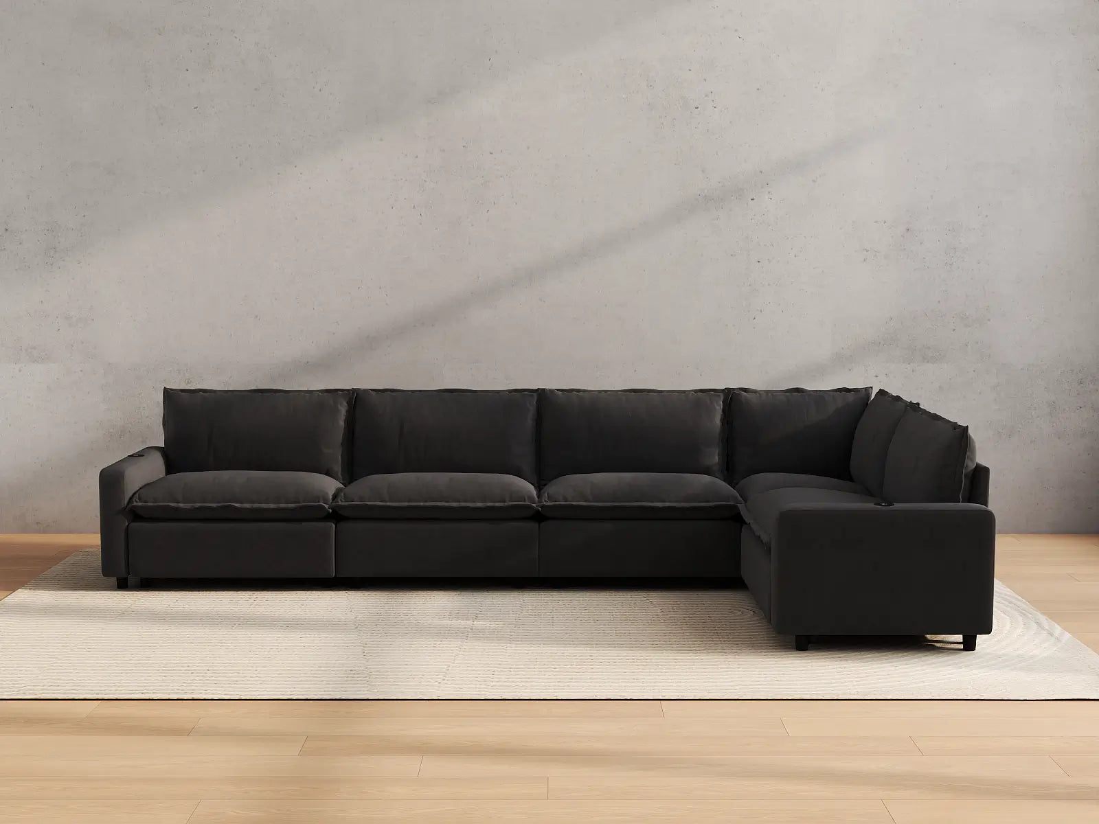 Modular Cero L Shaped Sectional with Recliner | 5-Piece Grey Linen Large Space L-Shaped Sectionals 5-Seater