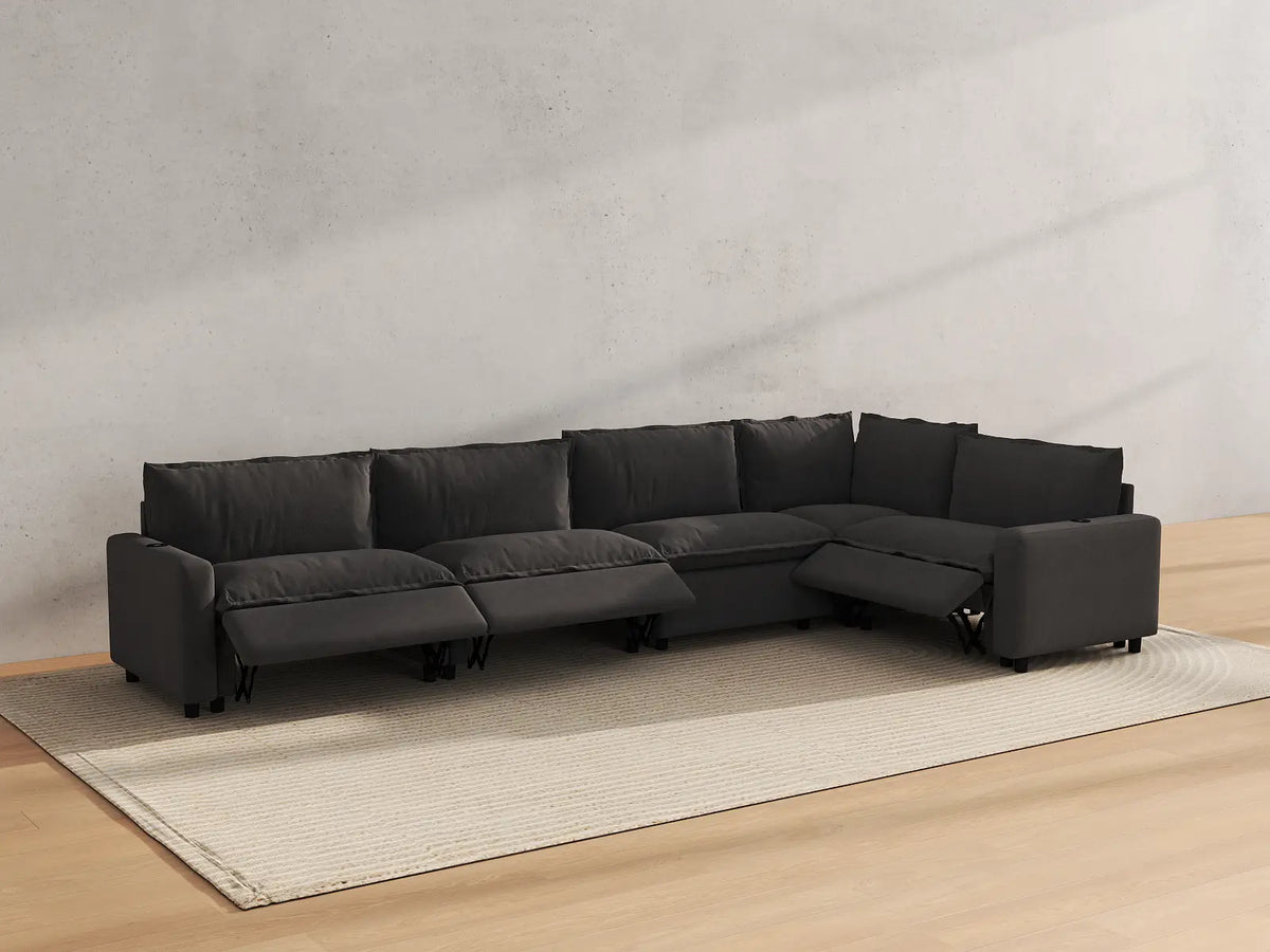 Modular Cero Reclining Sectionals | 5-Piece Grey Linen Large Space L-Shaped Sectionals 5-Seater