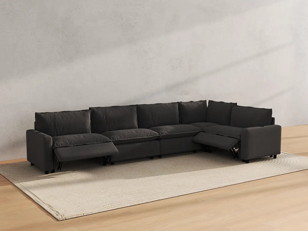 Modular Cero Reclining Sectionals | 5-Piece Grey Linen Large Space L-Shaped Sectionals 5-Seater