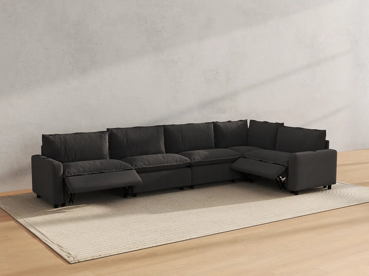 Modular Cero Reclining Sectionals | 5-Piece Grey Linen Large Space L-Shaped Sectionals 5-Seater