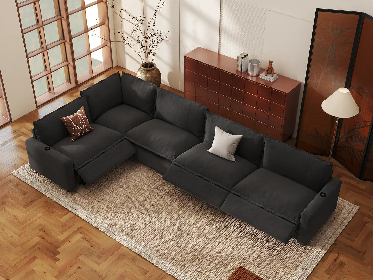 Modular Cero Reclining Sectionals | 5-Piece Grey Linen Large Space L-Shaped Sectionals 5-Seater