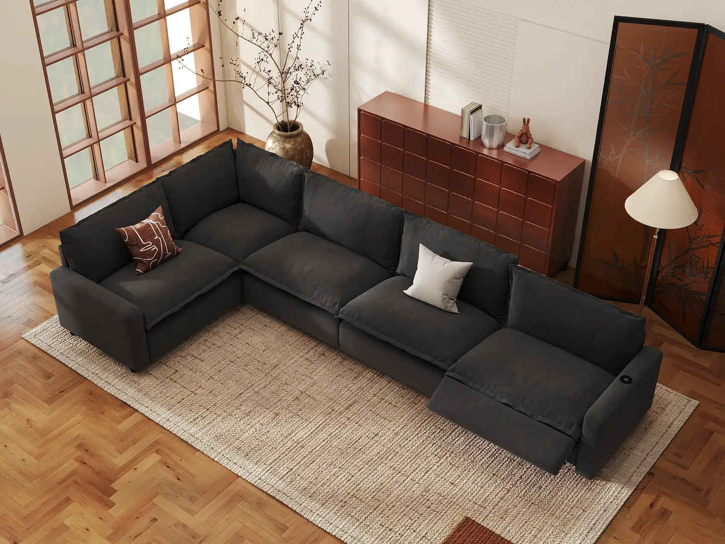 Modular Cero Power Reclining Sectional | 5-Piece Grey Linen Large Space L-Shaped Sectionals 5-Seater