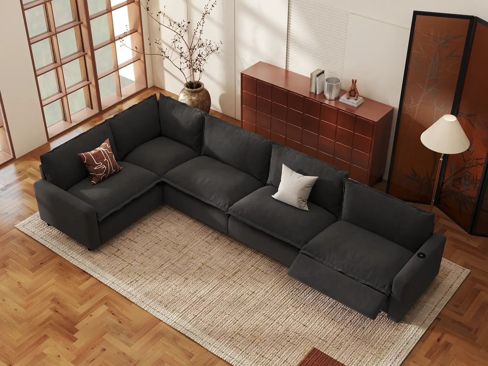 Modular Cero Power Reclining Sectional | 5-Piece Grey Linen Large Space L-Shaped Sectionals 5-Seater