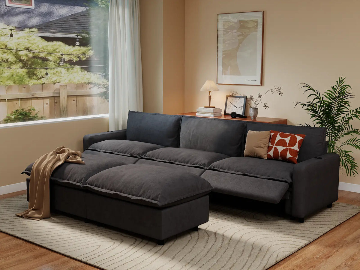 Modular Cero Reclining Sectionals | 5-Piece Grey Linen Large Space U-Shaped Sectionals 3-Seater with 2-Ottomans