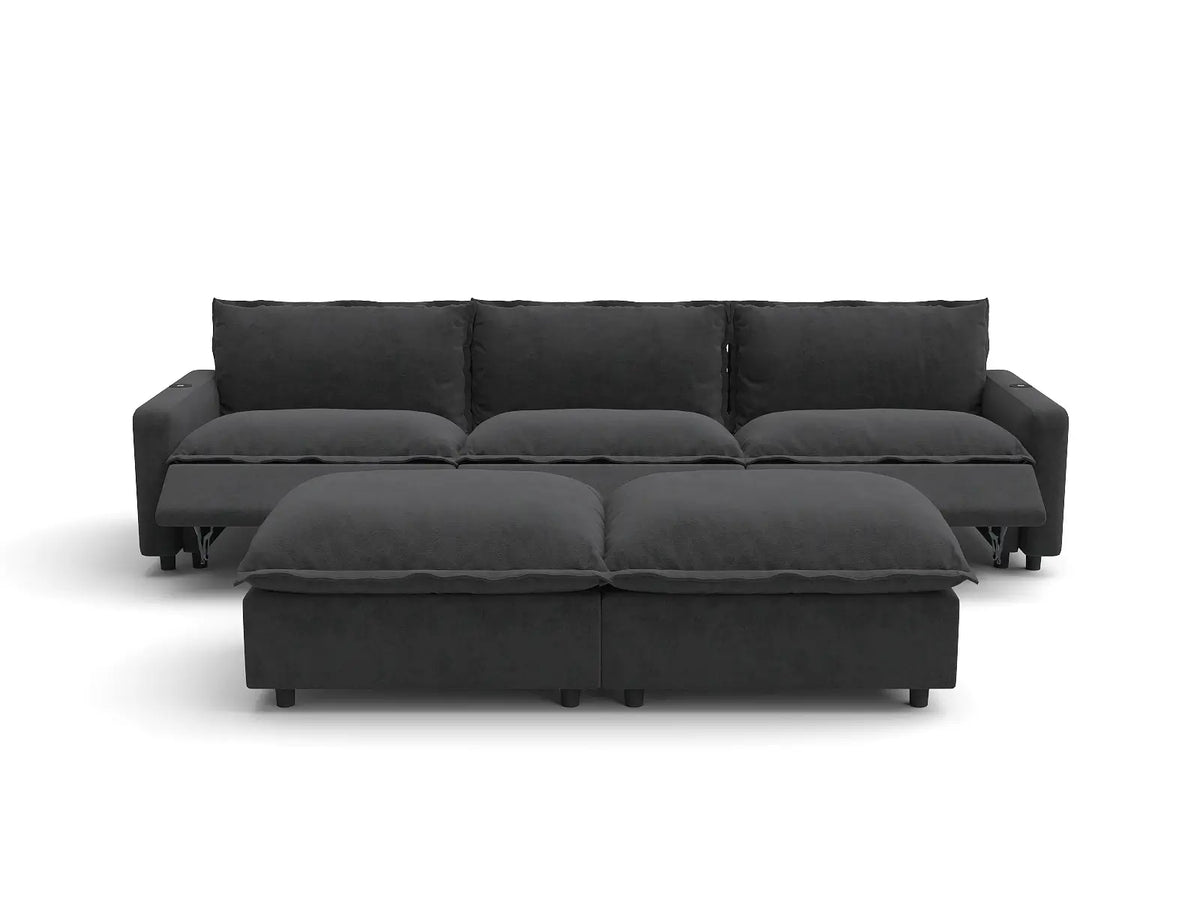 Modular Cero Reclining Sectionals | 5-Piece Grey Linen Large Space U-Shaped Sectionals 3-Seater with 2-Ottomans