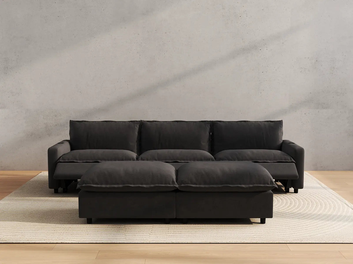 Modular Cero Reclining Sectionals | 5-Piece Grey Linen Large Space U-Shaped Sectionals 3-Seater with 2-Ottomans