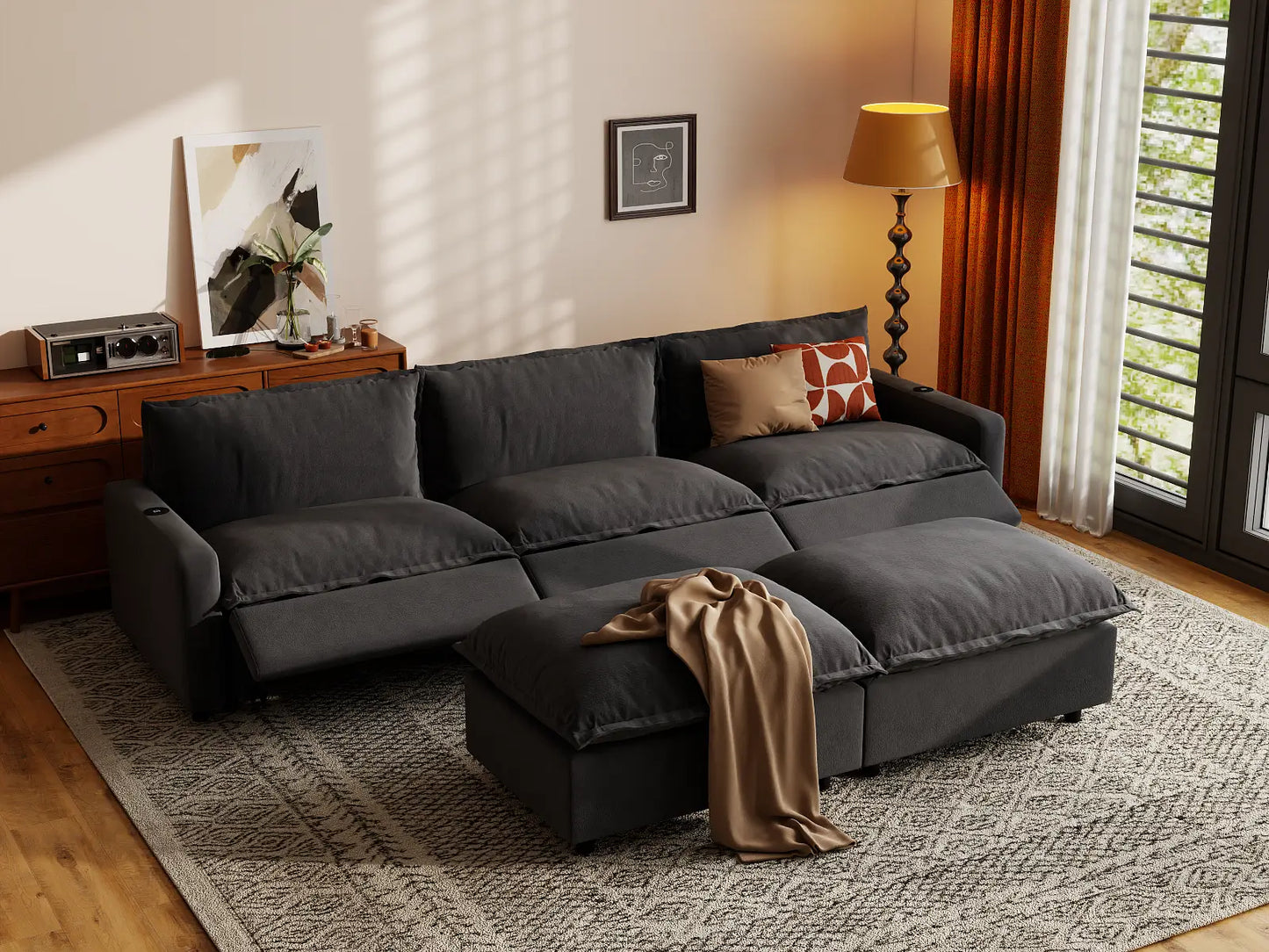Modular Cero Reclining Sectionals | 5-Piece Grey Linen Large Space U-Shaped Sectionals 3-Seater with 2-Ottomans