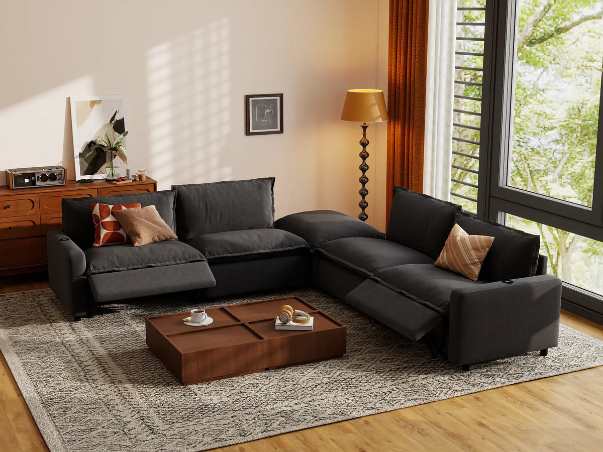 Modular Cero Reclining Sectionals | 5-Piece Grey Linen Large Space V-Shaped Sectionals 4-Seater with 1-Ottoman